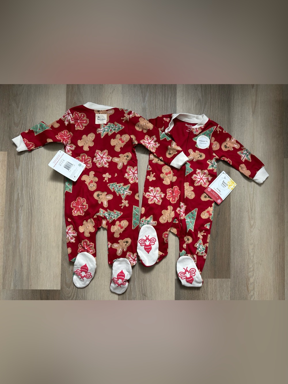 Burts Bees Red Gingerbread & Holiday Print Footed One-Piece Sleeper 2- Pack Twin
